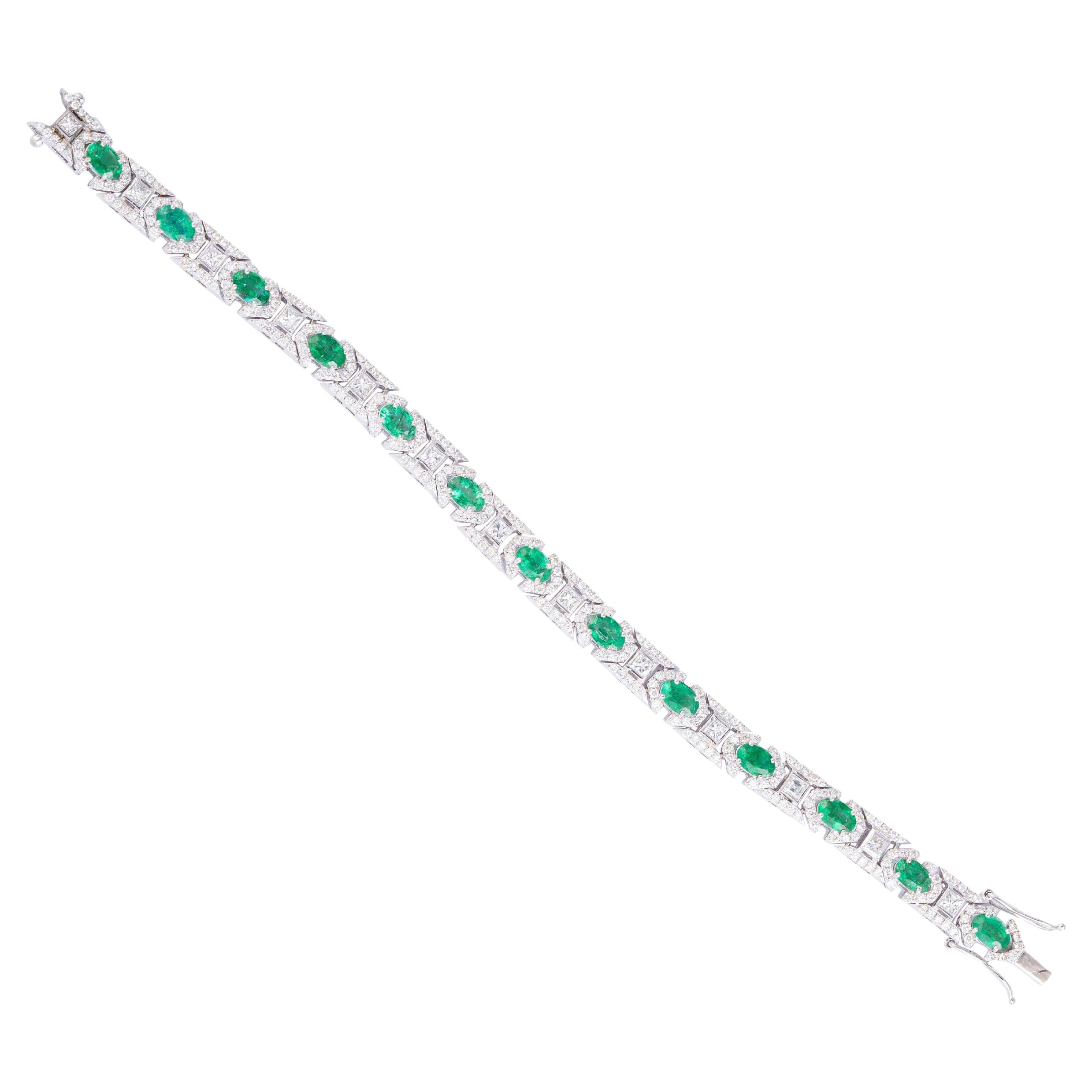 Natural Zambian Emerald Tennis Bracelet with Diamonds and 14k Gold