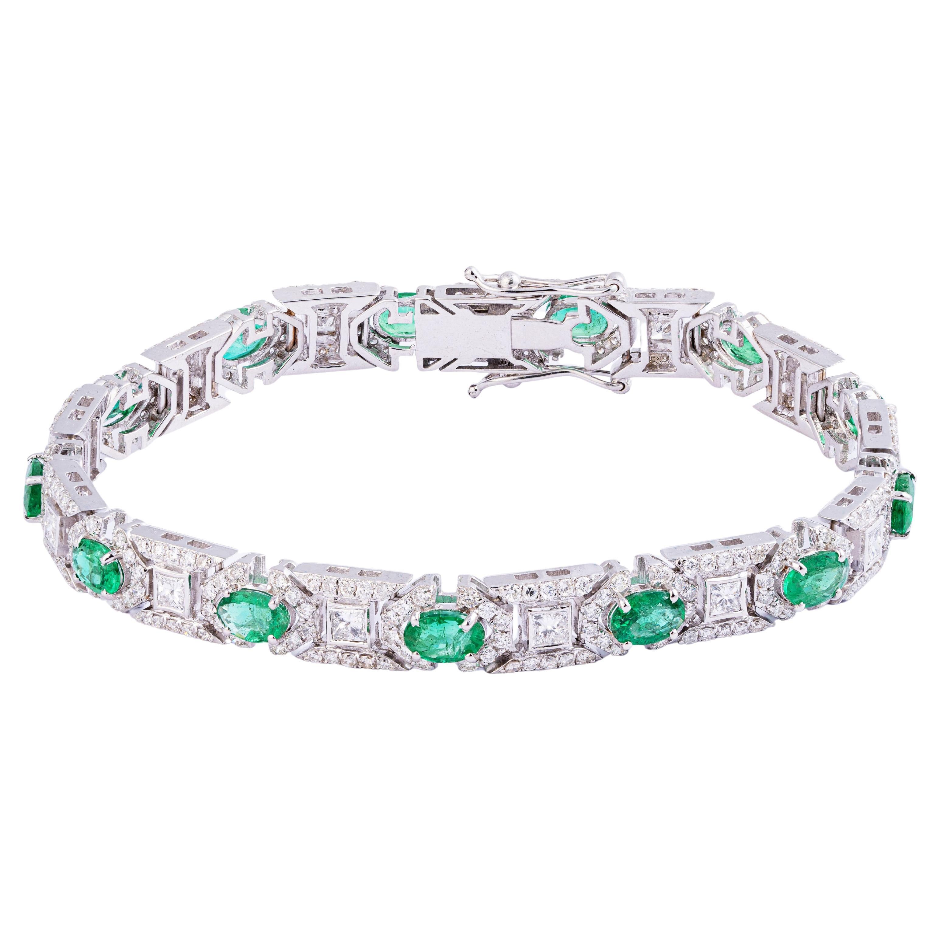 Pulsera de tenis de esmeralda natural de Zambia con diamantes y oro de 18 quilates en venta