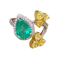 Natural, Zambian Emerald 
Yellow Diamonds Cocktail Ring Set in 18K Yellow Gold