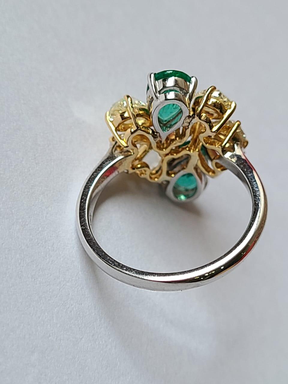 Modern Natural Zambian Emerald & Yellow Rose Cut Diamonds Cocktail Ring set in 18K Gold