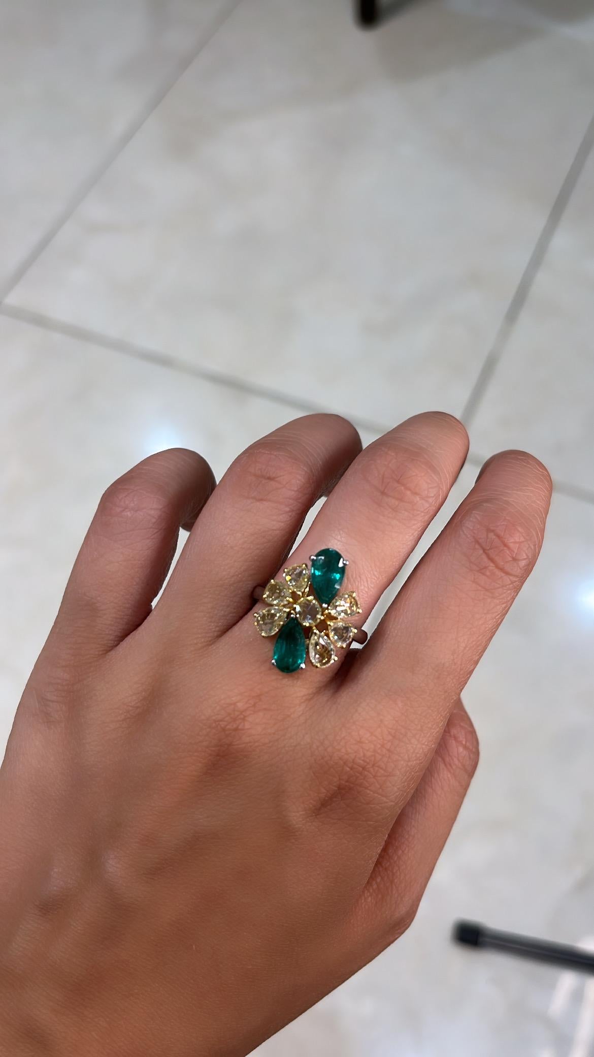 Natural Zambian Emerald & Yellow Rose Cut Diamonds Cocktail Ring set in 18K Gold 1