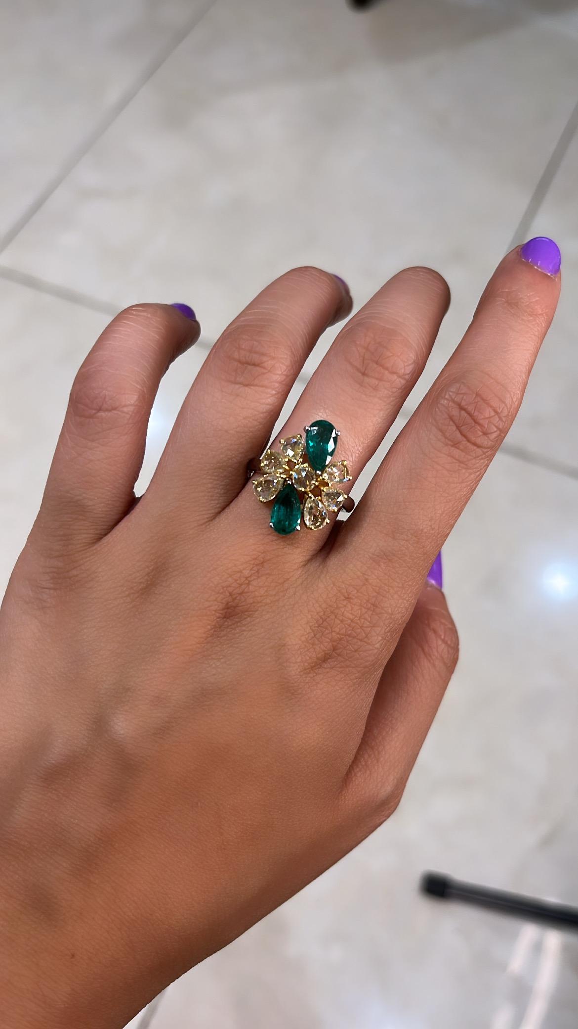 Natural Zambian Emerald & Yellow Rose Cut Diamonds Cocktail Ring set in 18K Gold 2