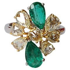 Natural Zambian Emerald & Yellow Rose Cut Diamonds Cocktail Ring set in 18K Gold