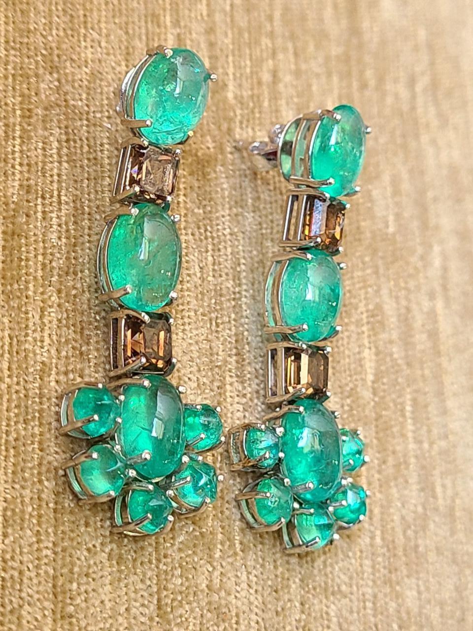 Cabochon Natural Columbian Emeralds & Brown Diamonds Chandelier Earrings Set in 18K Gold For Sale