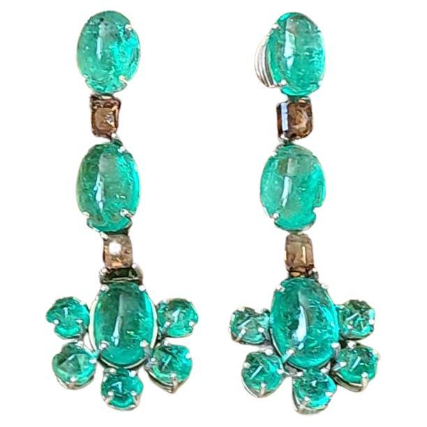 Natural Columbian Emeralds & Brown Diamonds Chandelier Earrings Set in 18K Gold For Sale