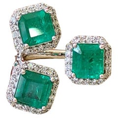 Natural, Zambian Emeralds & Diamonds Three-Stone Ring Set in 18K White Gold