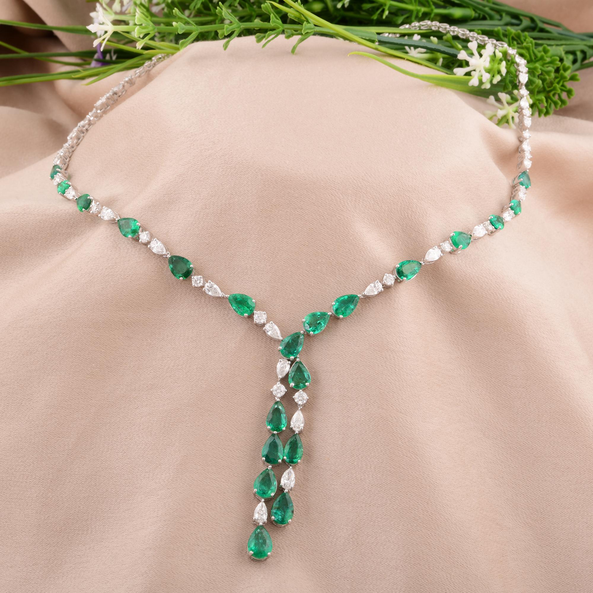 Modern Natural Zambian Pear Emerald SI/H Diamond Lariat Necklace 14 Karat White Gold For Sale
