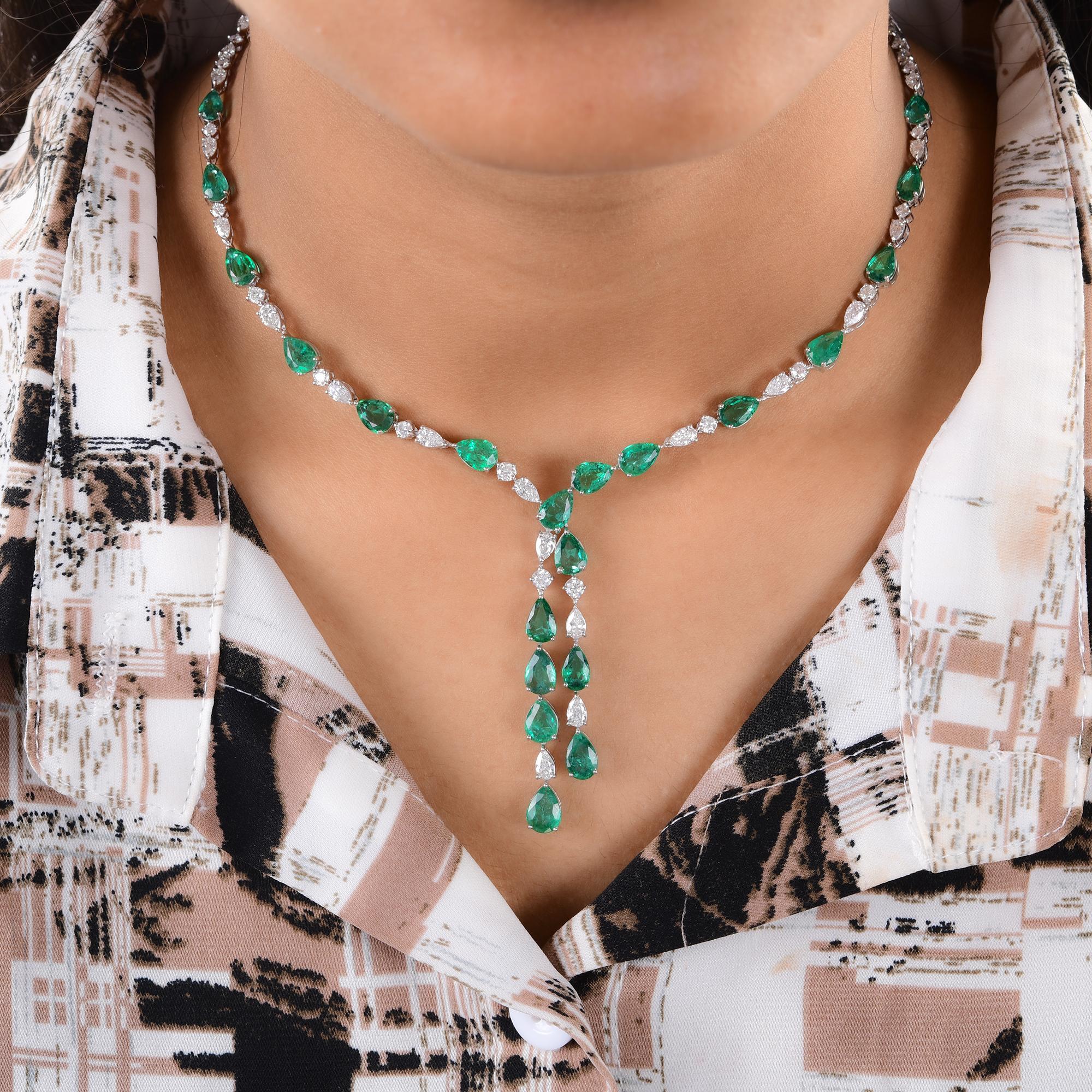 Pear Cut Natural Zambian Pear Emerald SI/H Diamond Lariat Necklace 14 Karat White Gold For Sale