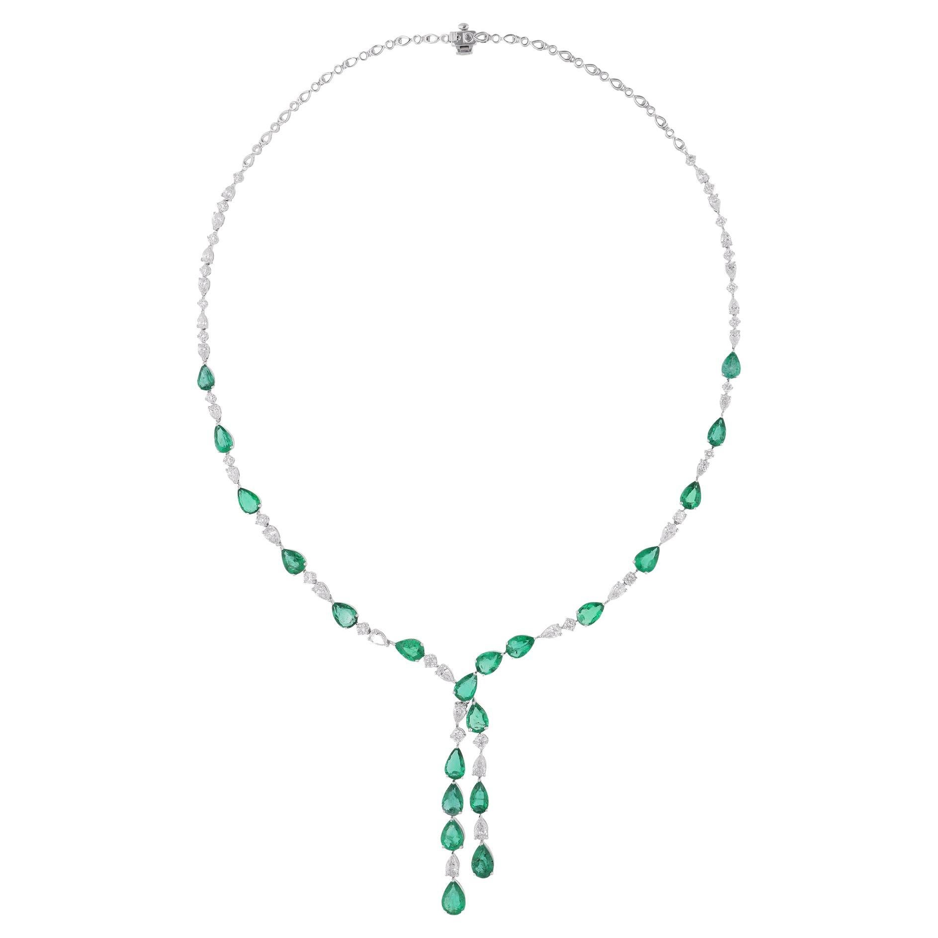 Natural Zambian Pear Emerald SI/H Diamond Lariat Necklace 14 Karat White Gold For Sale
