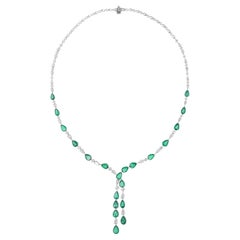 Natural Zambian Pear Emerald SI/H Diamond Lariat Necklace 14 Karat White Gold