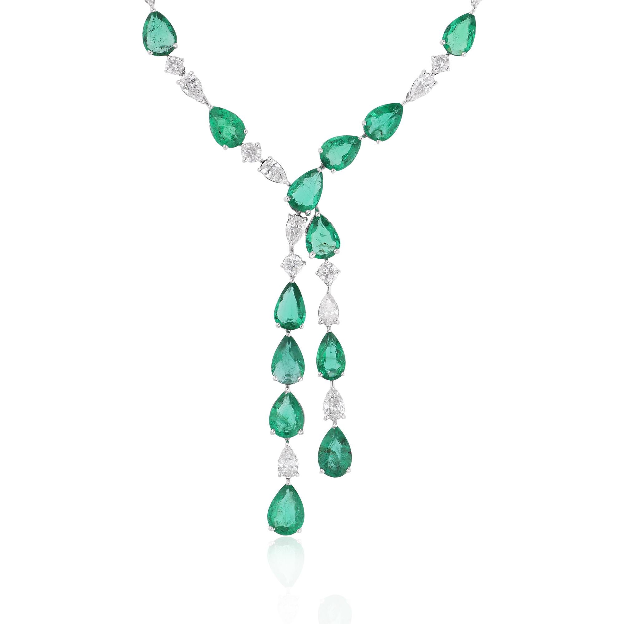 Introducing a stunning blend of sophistication and luxury: the Natural Zambian Pear Emerald SI/H Diamond Lariat Necklace, meticulously crafted in lustrous 18 Karat White Gold. This exquisite necklace is a true masterpiece of fine jewelry, designed