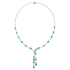 Natural Zambian Pear Emerald SI/H Diamond Lariat Necklace 18 Karat White Gold