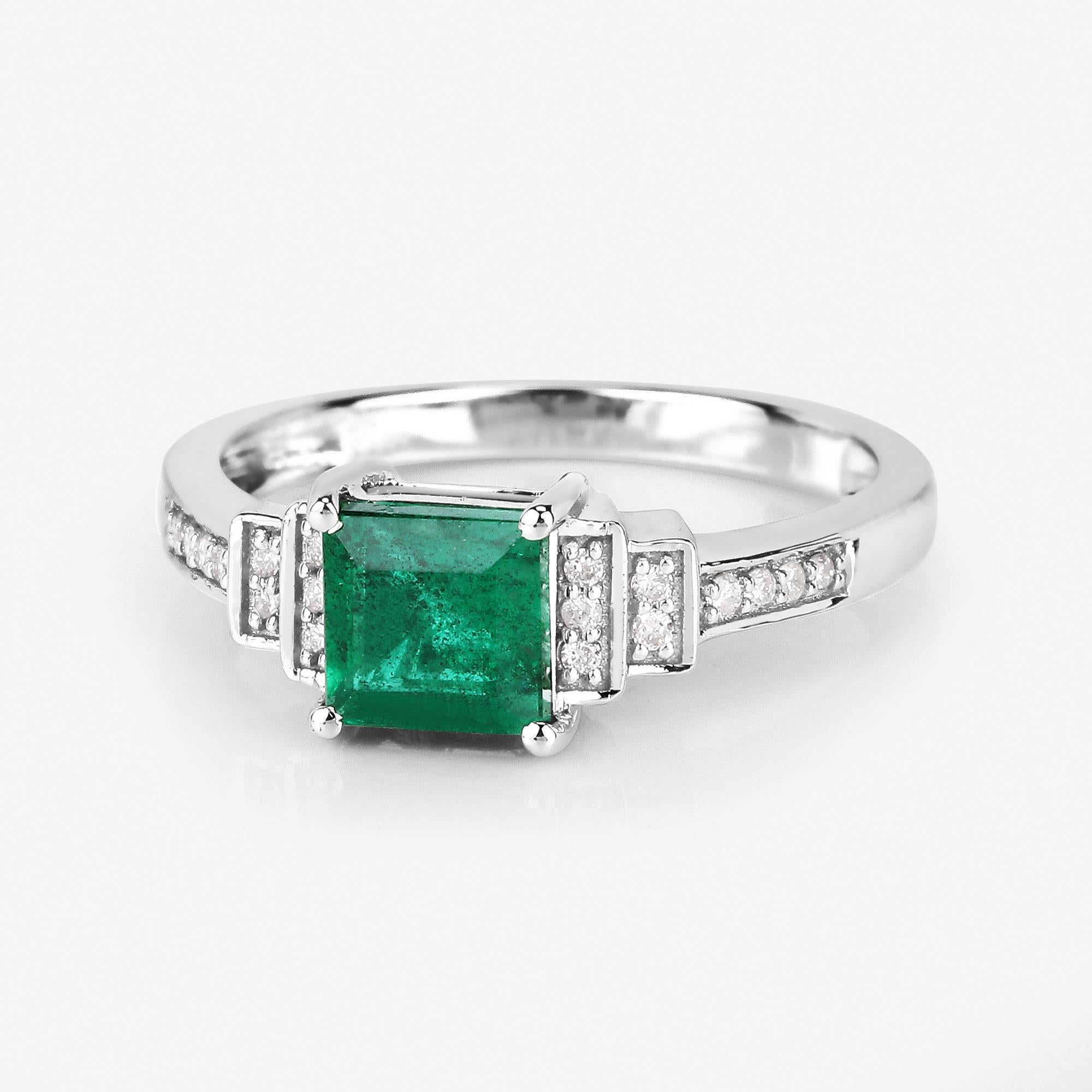 Contemporary Natural Zambian Princess Cut Emerald Ring Diamond Setting 14K White Gold For Sale