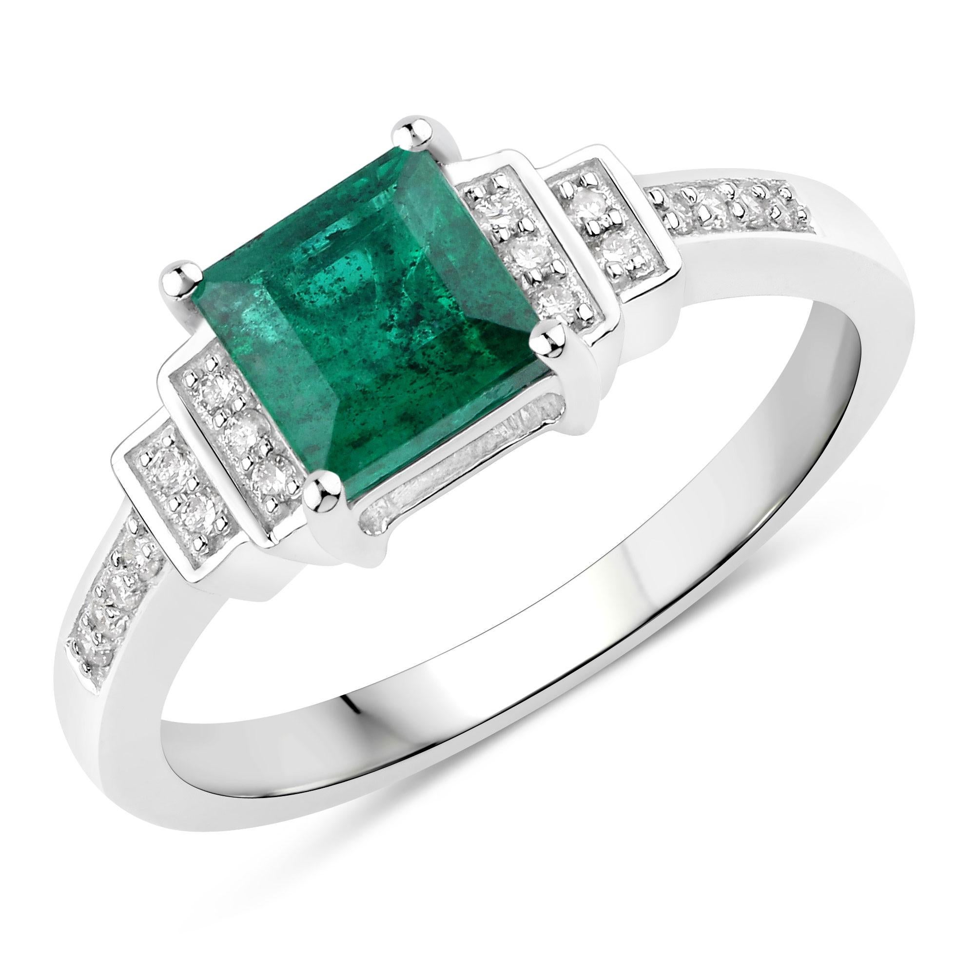 Women's or Men's Natural Zambian Princess Cut Emerald Ring Diamond Setting 14K White Gold For Sale