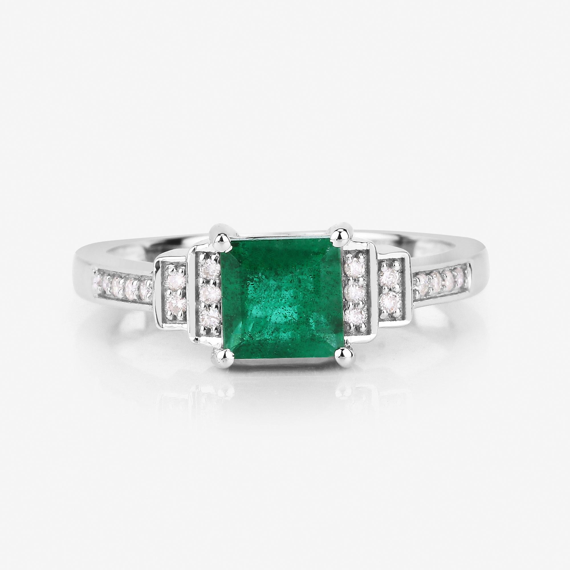 Natural Zambian Princess Cut Emerald Ring Diamond Setting 14K White Gold For Sale 1