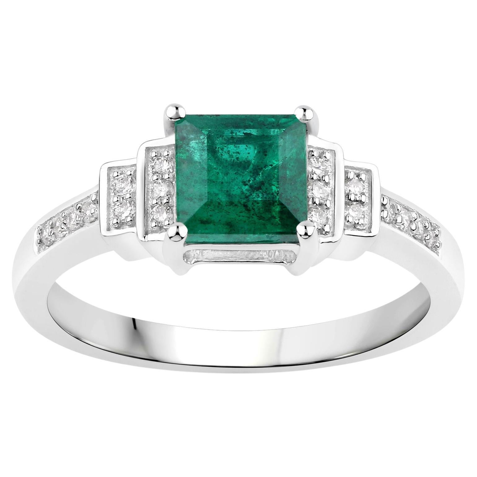 Natural Zambian Princess Cut Emerald Ring Diamond Setting 14K White Gold For Sale