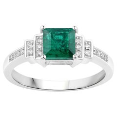 Natural Zambian Princess Cut Emerald Ring Diamond Setting 14K White Gold