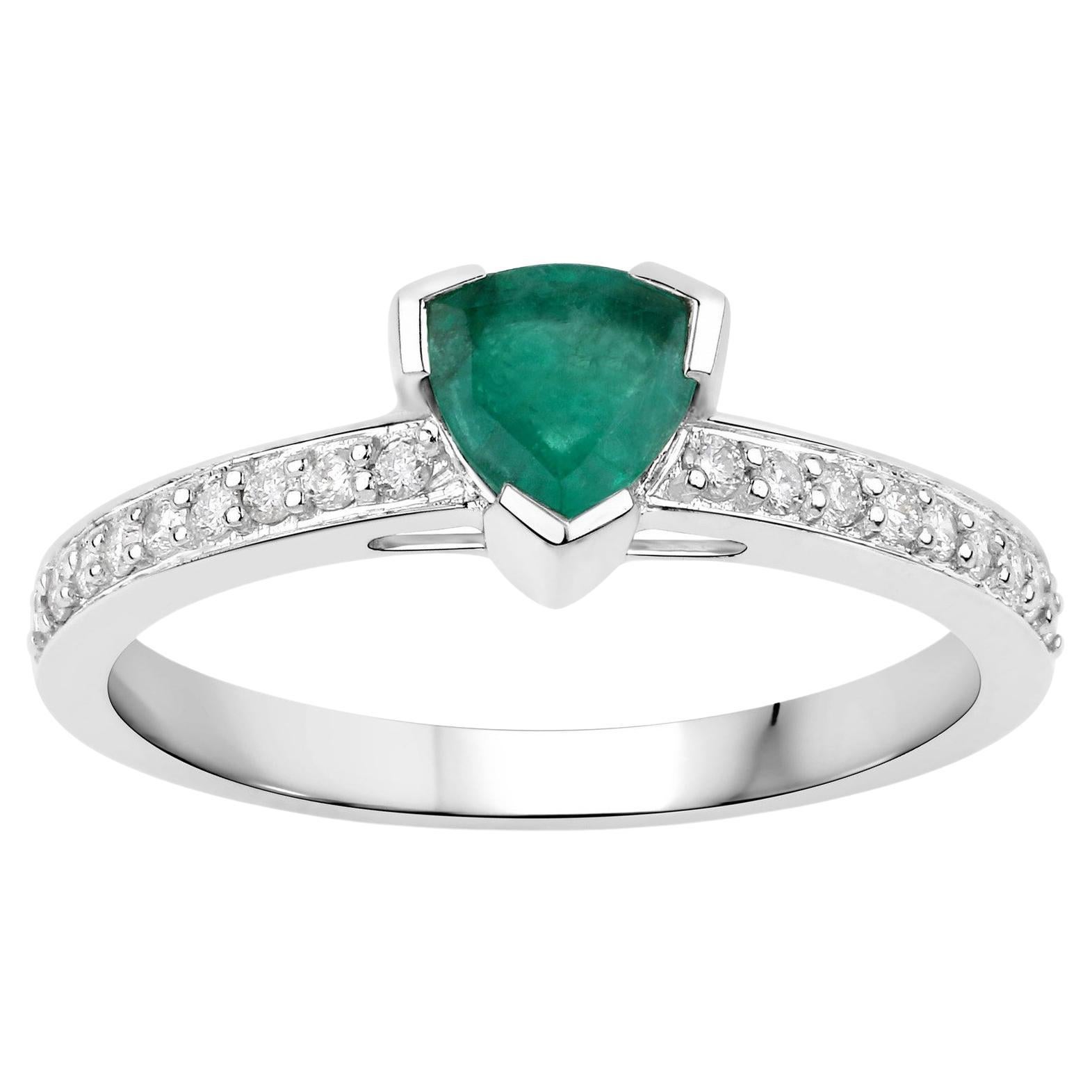 Natural Zambian Trillion Cut Emerald Ring Diamond Setting 14K White Gold