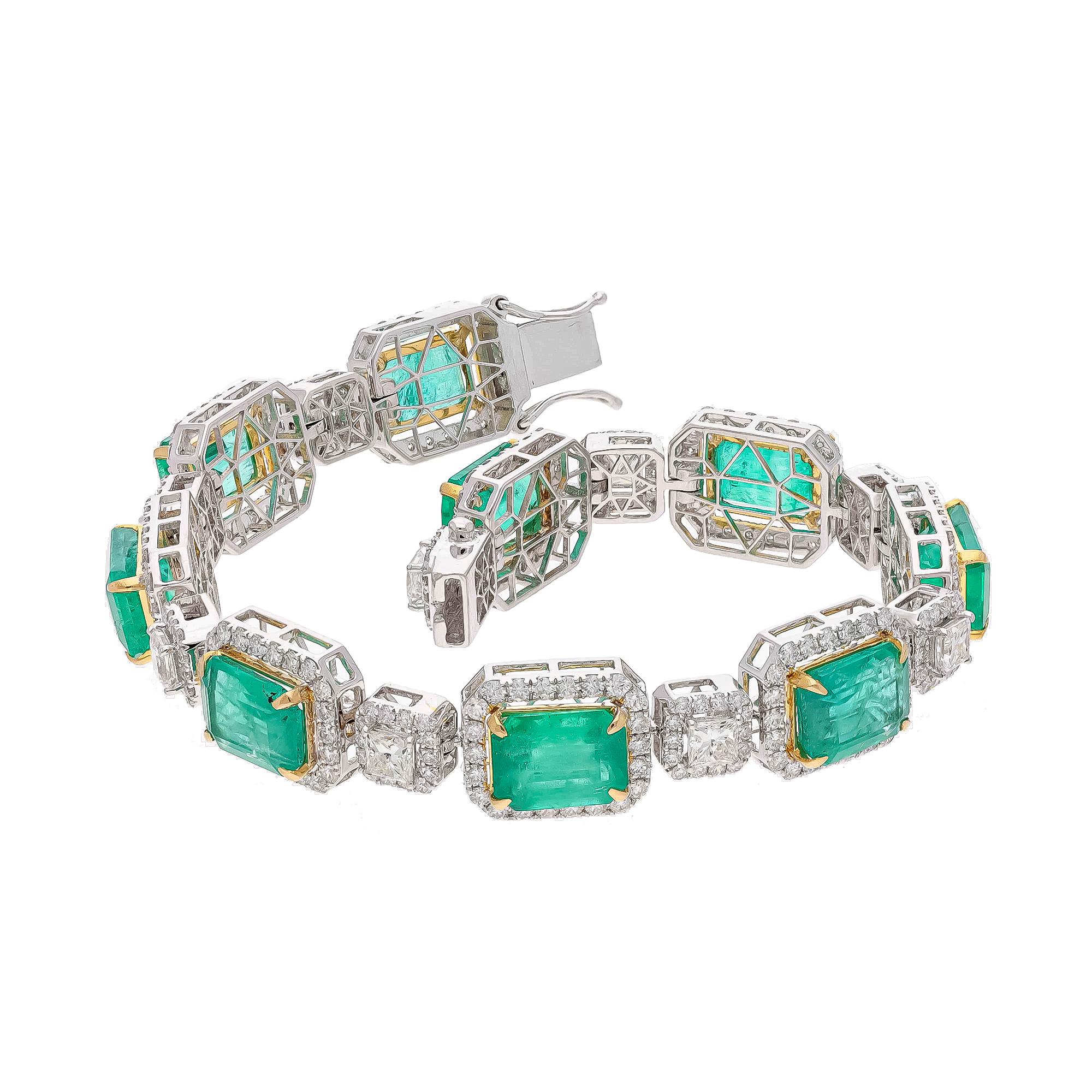 Mixed Cut Natural Zambian Emerald Bracelet with Diamond and 18k Gold