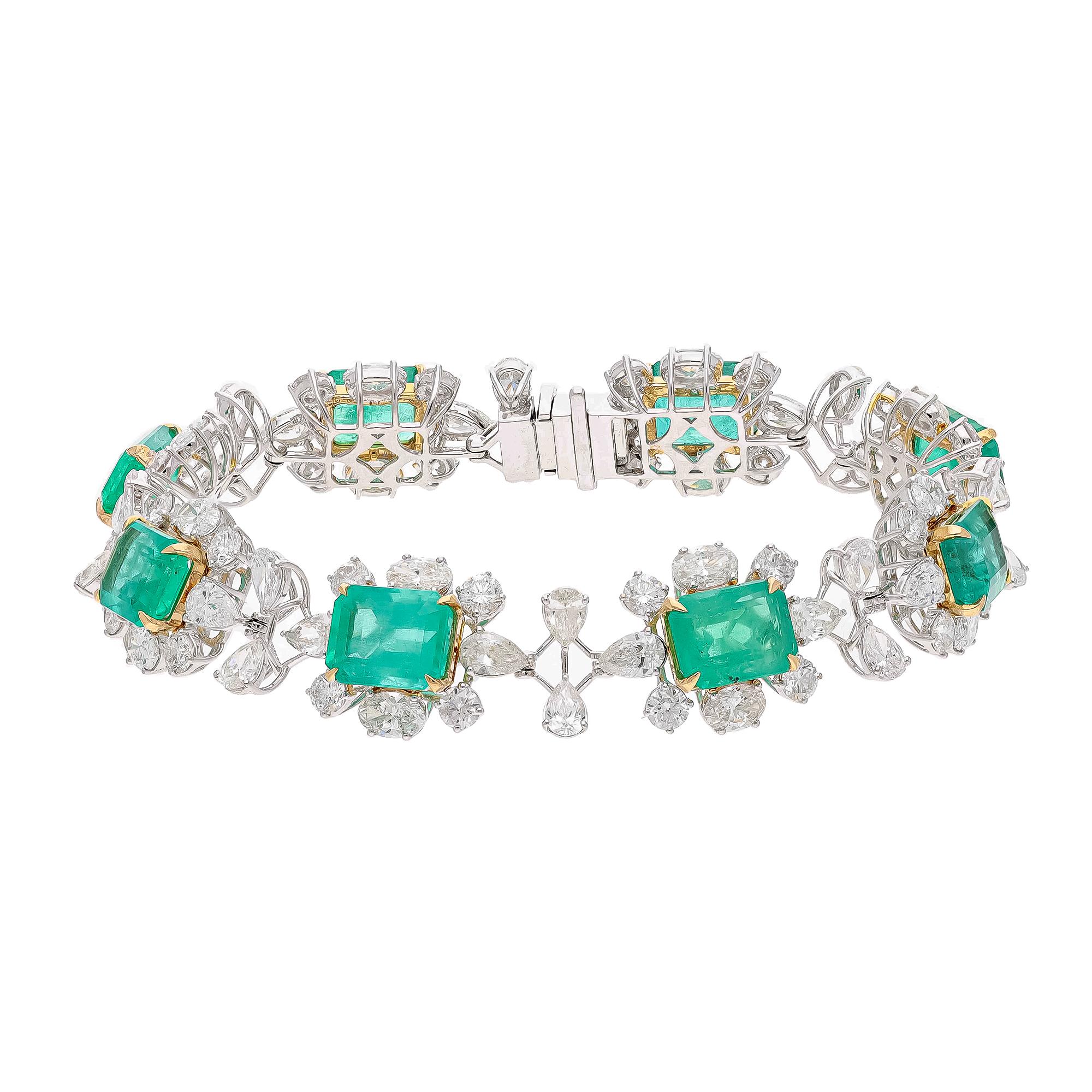 Mixed Cut Natural Zambian Emerald Bracelet with Diamond and 18k Gold For Sale
