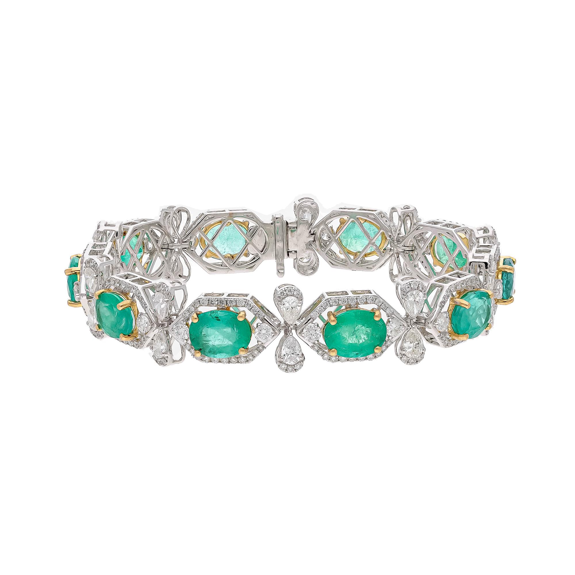Mixed Cut Natural Zambian Emerald Bracelet with Diamond and 18k Gold