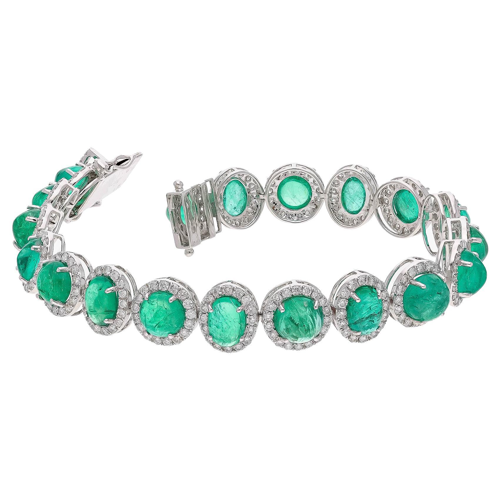 Natural Zambian Emerald caboshan Bracelet with Diamond and 18k Gold For Sale