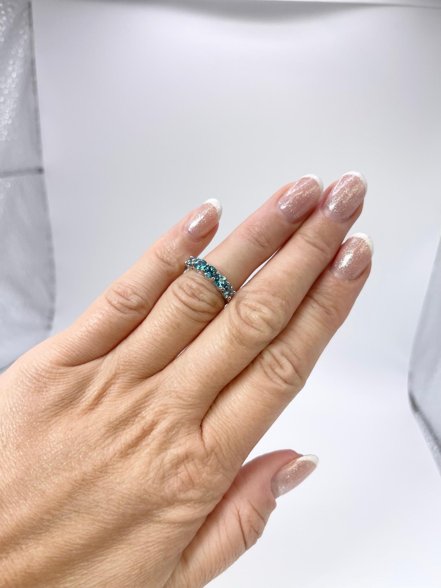 Natural Zircon Blue Wedding Band Blue Gemstone Band Ring 5 Stone Ring 14kt White In New Condition For Sale In Jupiter, FL