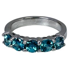 Natural Zircon Blue Wedding Band Blue Gemstone Band Ring 5 Stone Ring 14kt White
