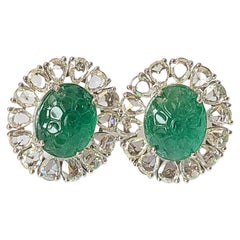 Natural, Carved Zambian Emerald & Rose Cut Diamonds Stud Earrings Set in 18K Gold