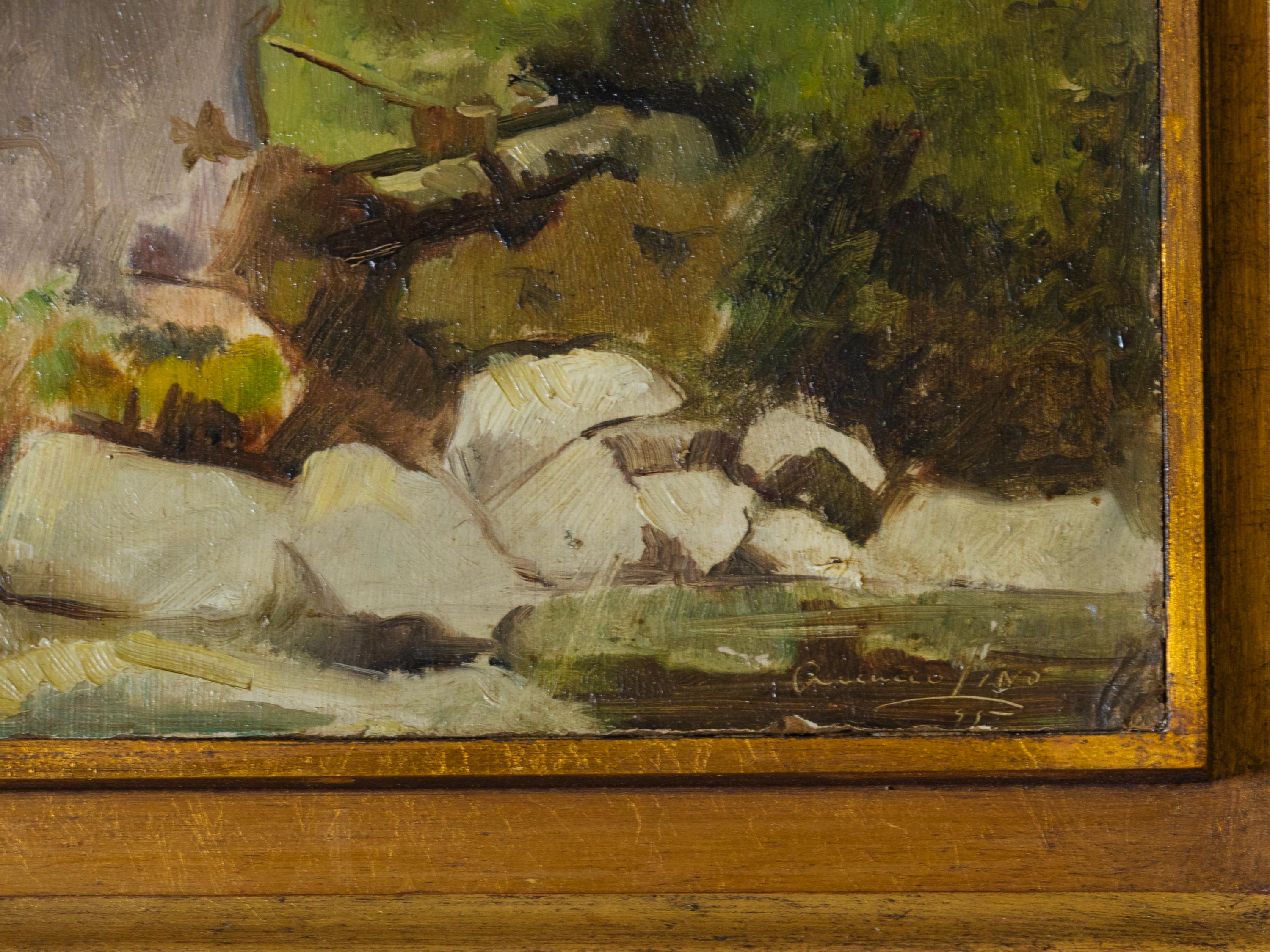 Naturalismus, Wassermühle und Flussmalerei von Acácio Lino, 20. Jahrhundert (Geölt) im Angebot