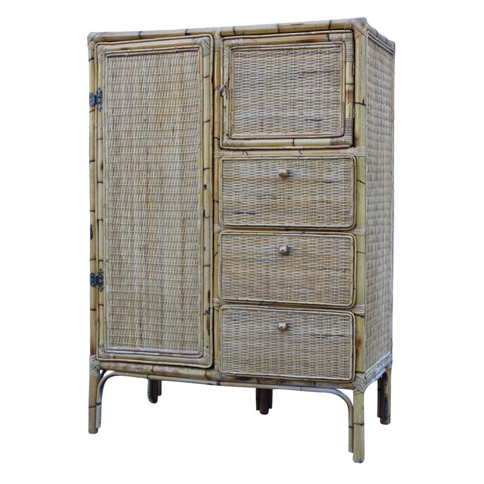 Natürlicher naturalistischer Schrank/Garderobenschrank mit Schubladen und Türen aus Bambus im italienischen Design, Mitte des Jahrhunderts