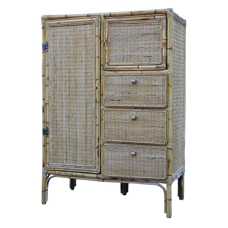 Armoire de rangement naturaliste en bambou, tiroirs et portes de design italien du milieu du siècle dernier
