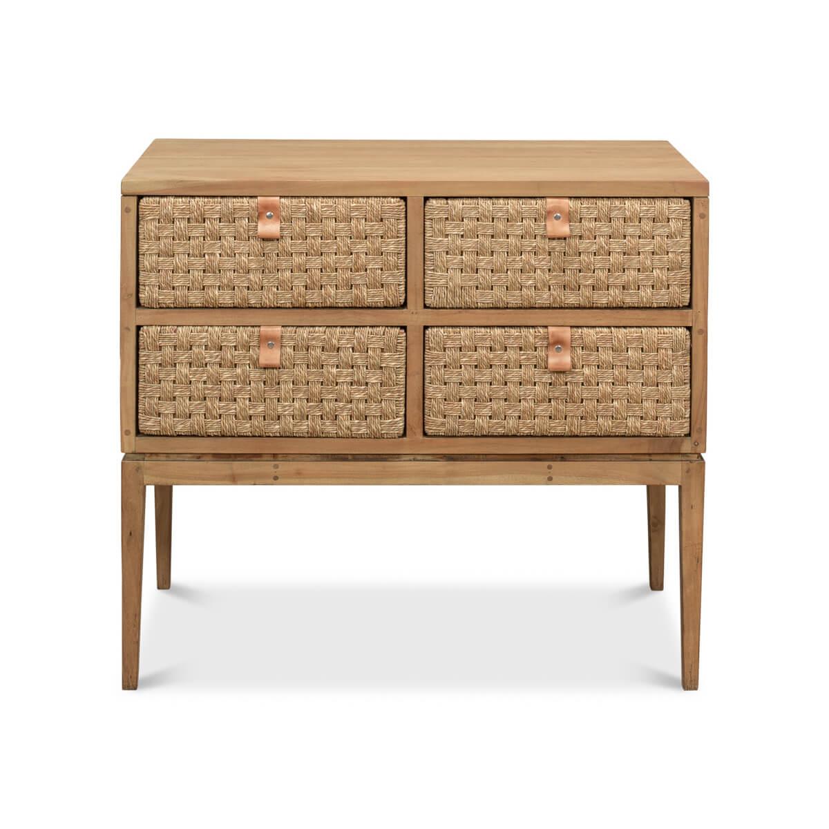 This charming piece stands out with its textural, hand-woven drawers that exude a warm, earthy vibe.

The natural wood frame and legs provide a sturdy base, while the basket-weave pattern introduces an element of tactile appeal. Leather pull handles