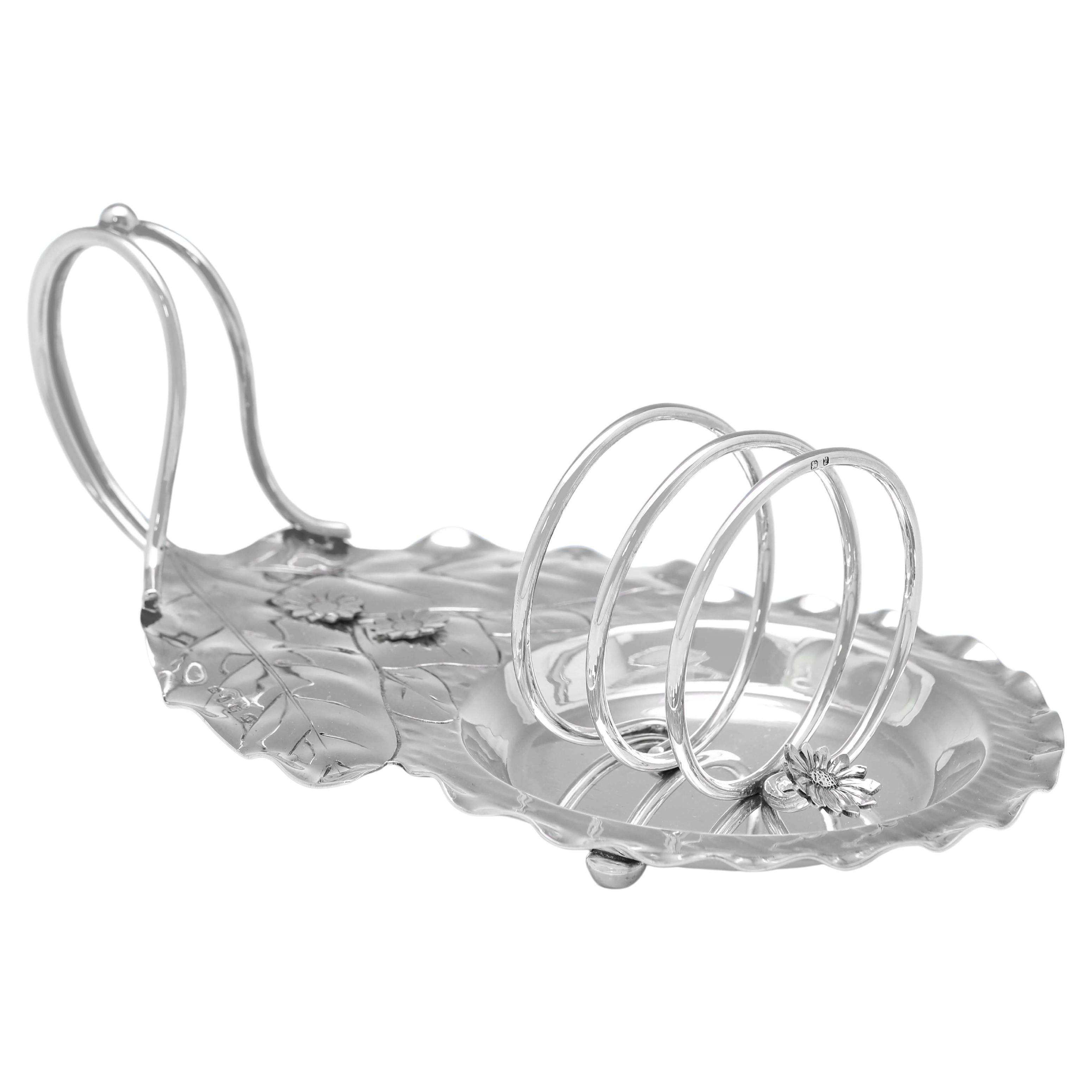 Porte-toast naturaliste ancien en argent sterling - Design en forme de feuille - Birmingham 1898 en vente