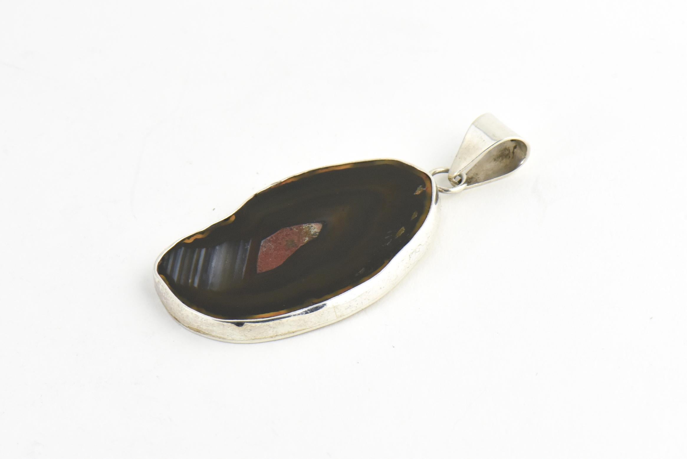 Mixed Cut Naturalistic Banded Agate Geo Sterling Silver Pendant For Sale