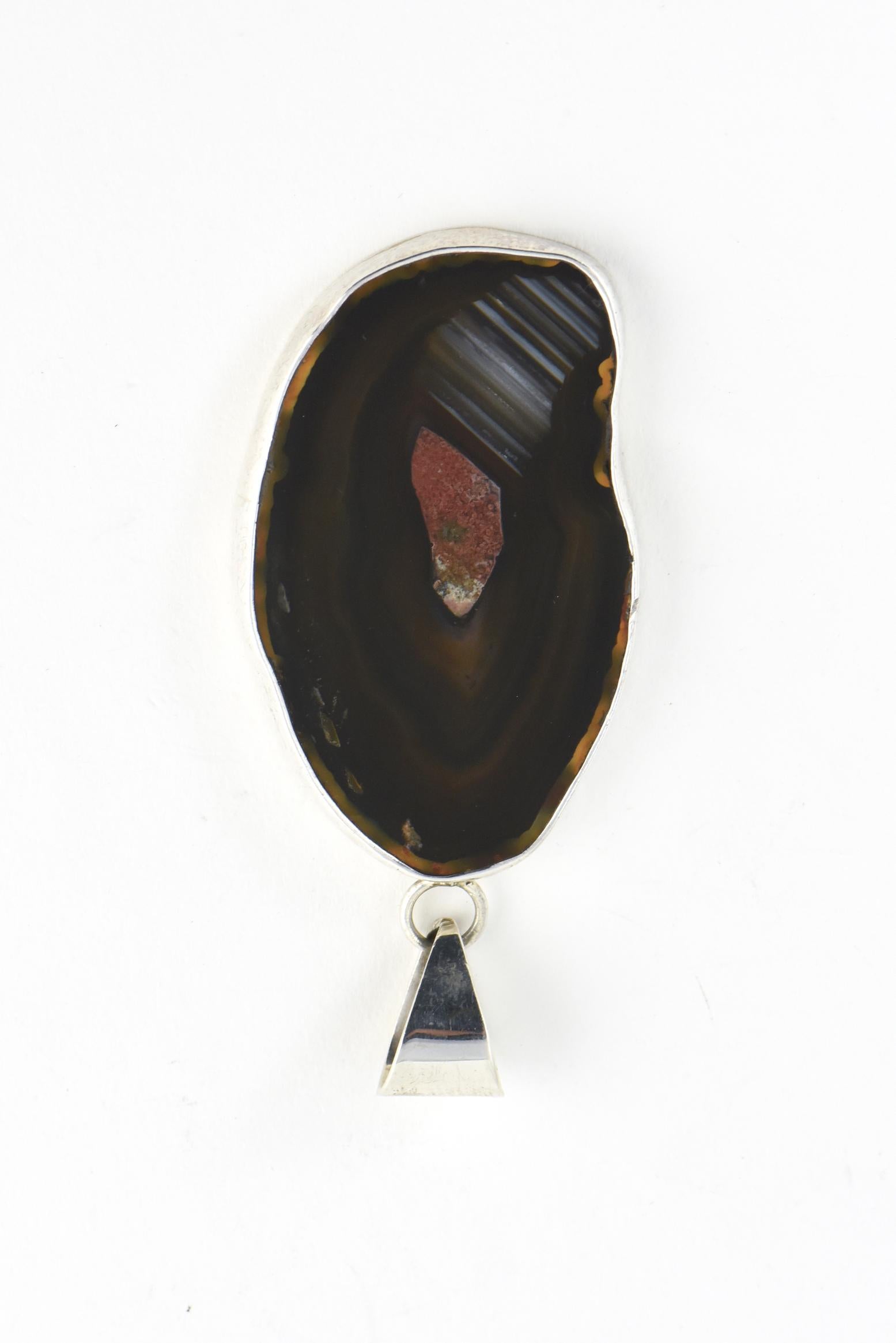 Women's or Men's Naturalistic Banded Agate Geo Sterling Silver Pendant For Sale
