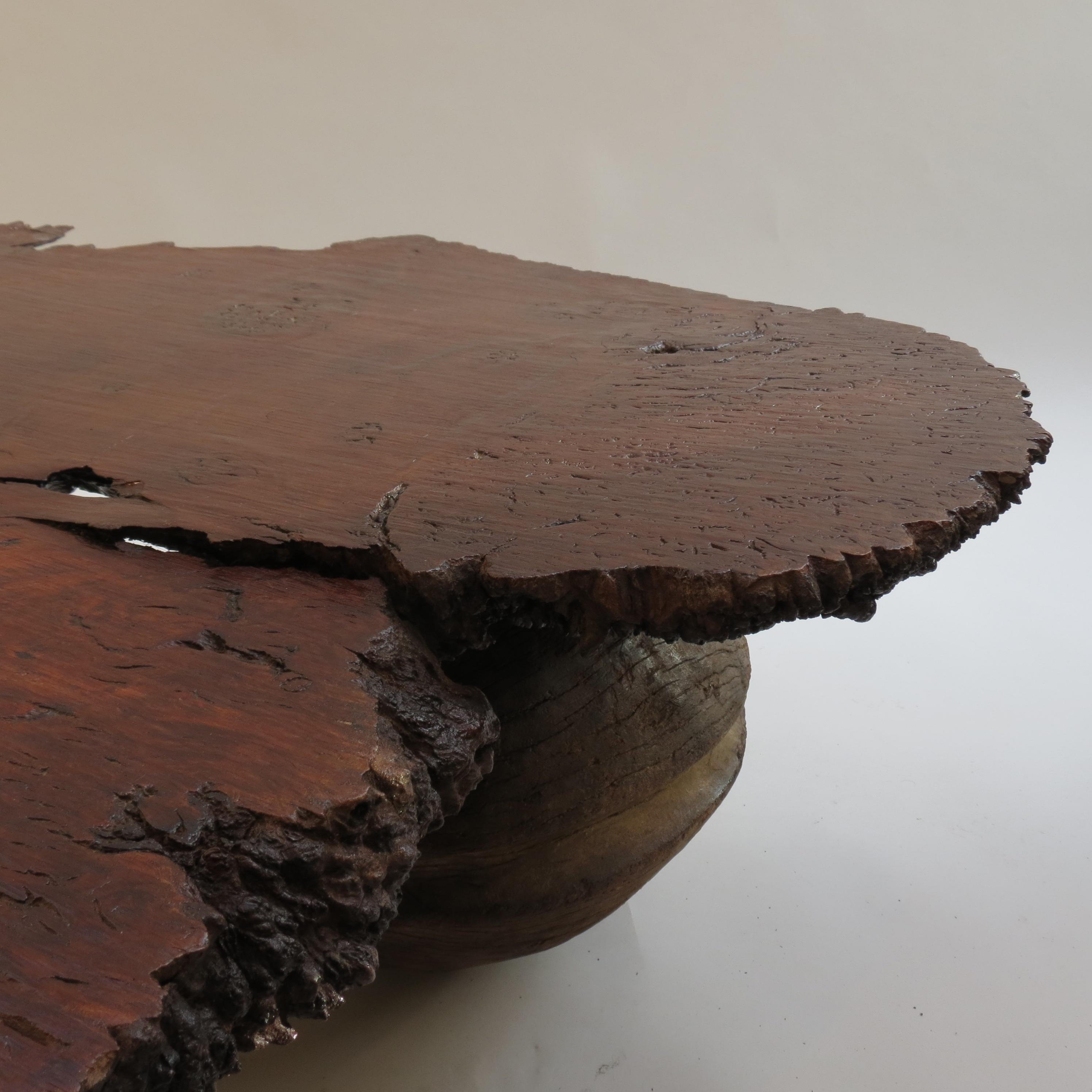 Hand-Crafted Naturalistic Bespoke Karri Burr Wood and Antique Wooden Base Table