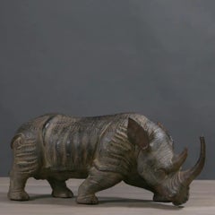 Naturalistic Dark Brown Terracotta Rhinoceros Sculpture – Size L