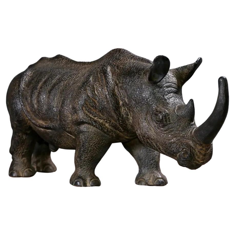Naturalistic Dark Brown Terracotta Rhinoceros Sculpture – Size S