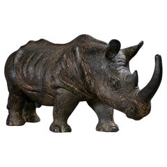 Naturalistic Dark Brown Terracotta Rhinoceros Sculpture – Size S