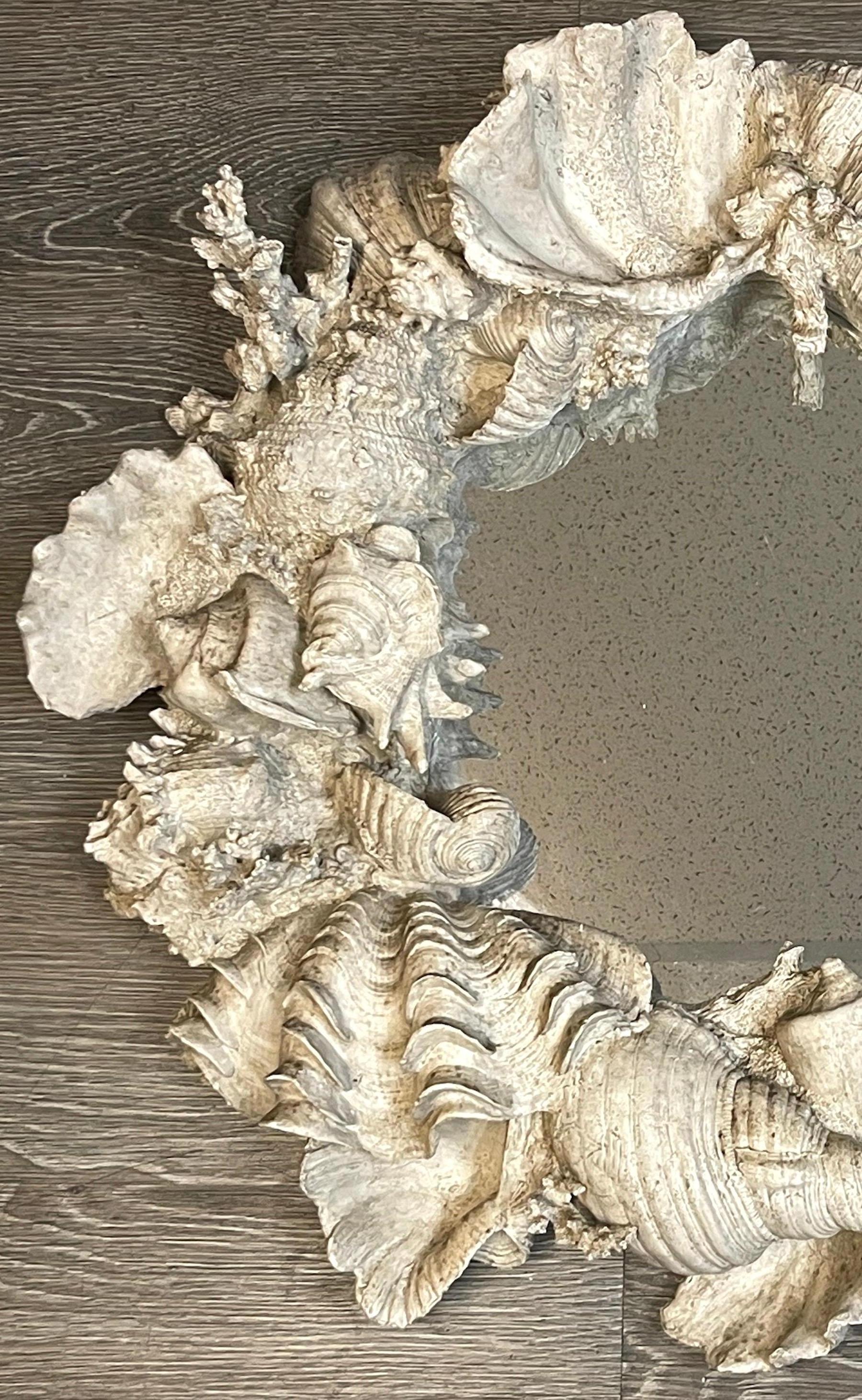 Moulage Miroir hublot naturaliste à motif de coraux et de coquillages en haut-relief en vente