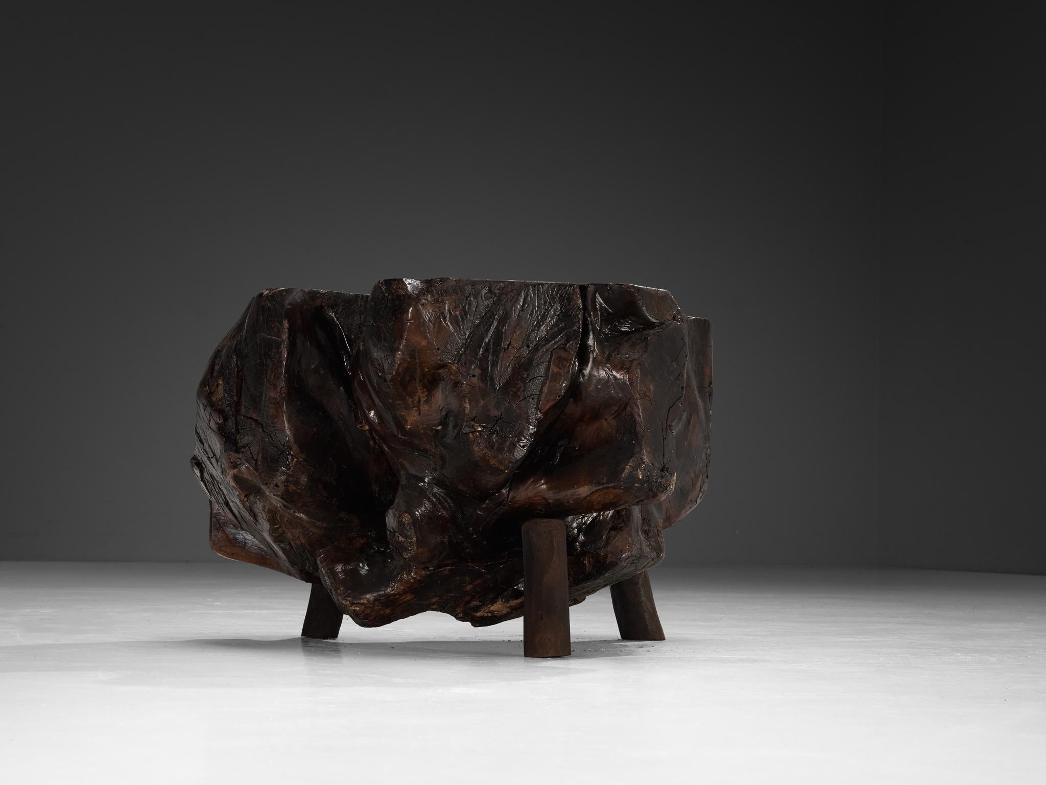 Mid-20th Century Naturalistic Tree Slab Low Table and Stools