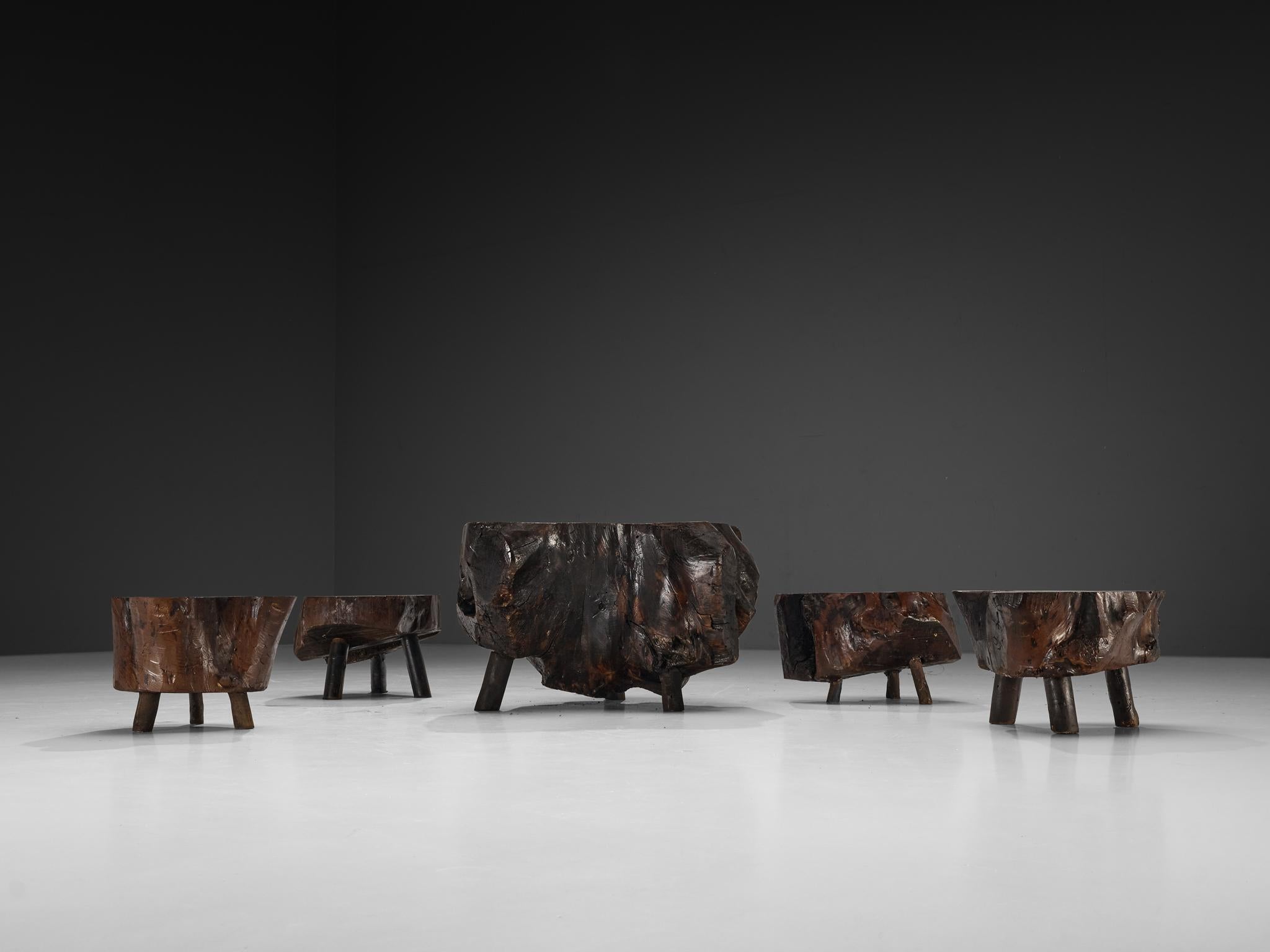 Wood Naturalistic Tree Slab Low Table and Stools