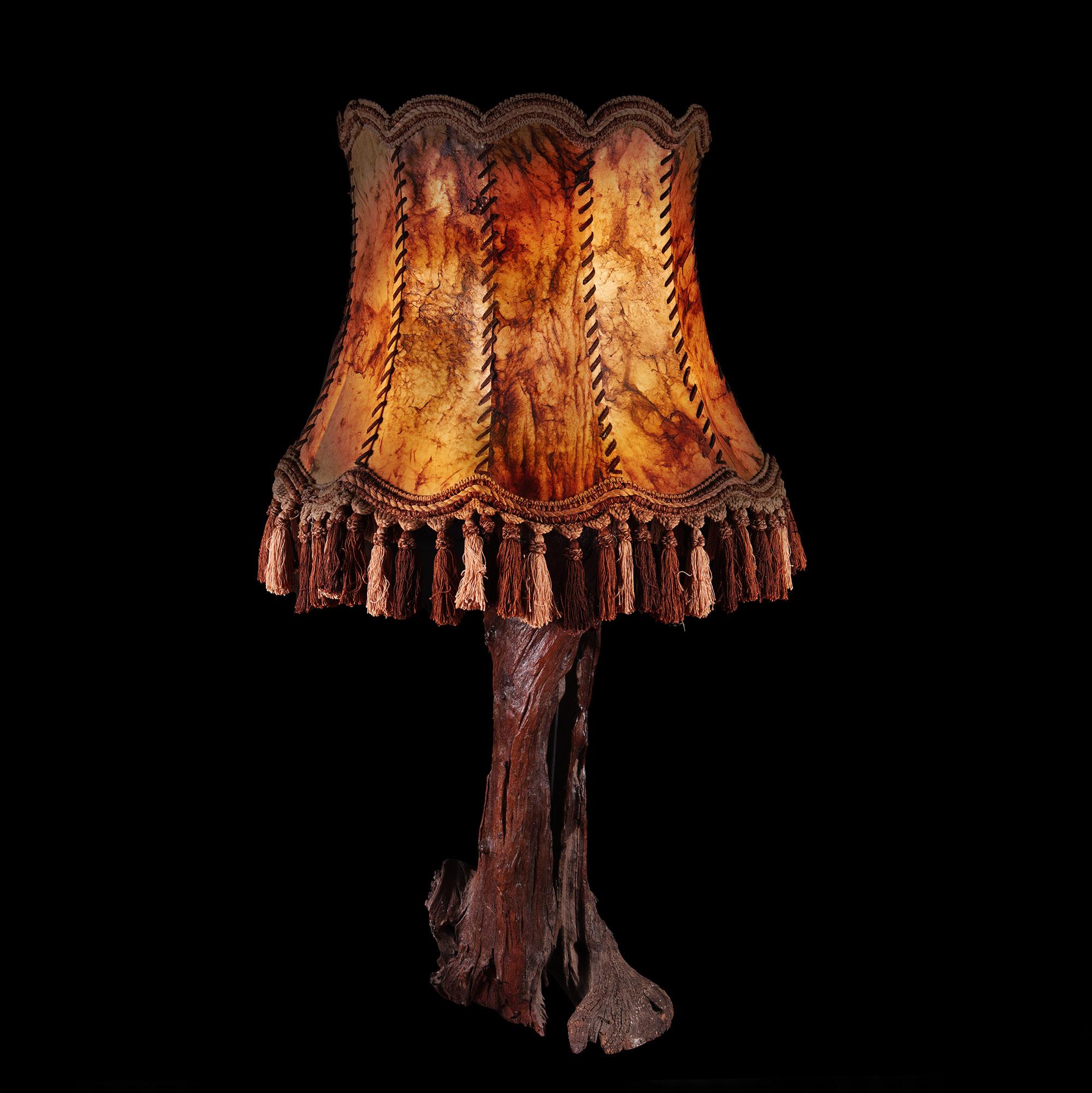Naturalistic Vine Wood Table Lamp and Parchment Stitched Shade For Sale 1