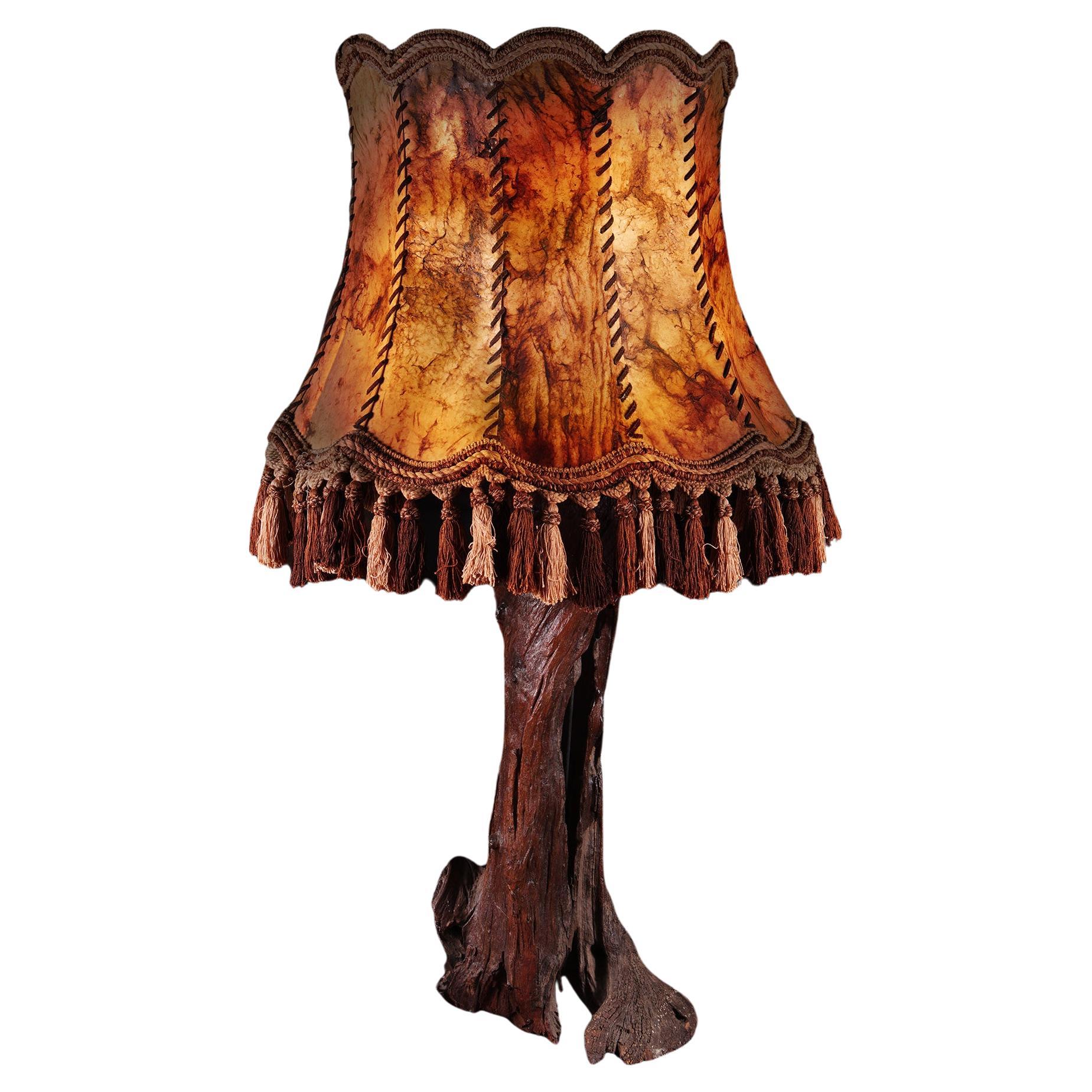 Naturalistic Vine Wood Table Lamp and Parchment Stitched Shade 