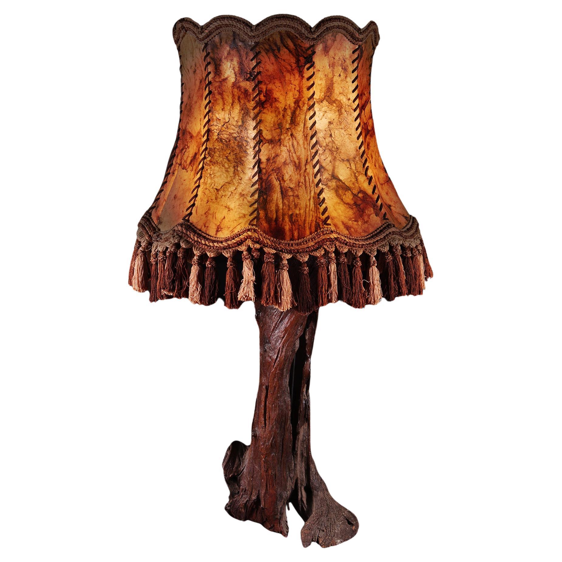 Naturalistic Vine Wood Table Lamp and Parchment Stitched Shade For Sale
