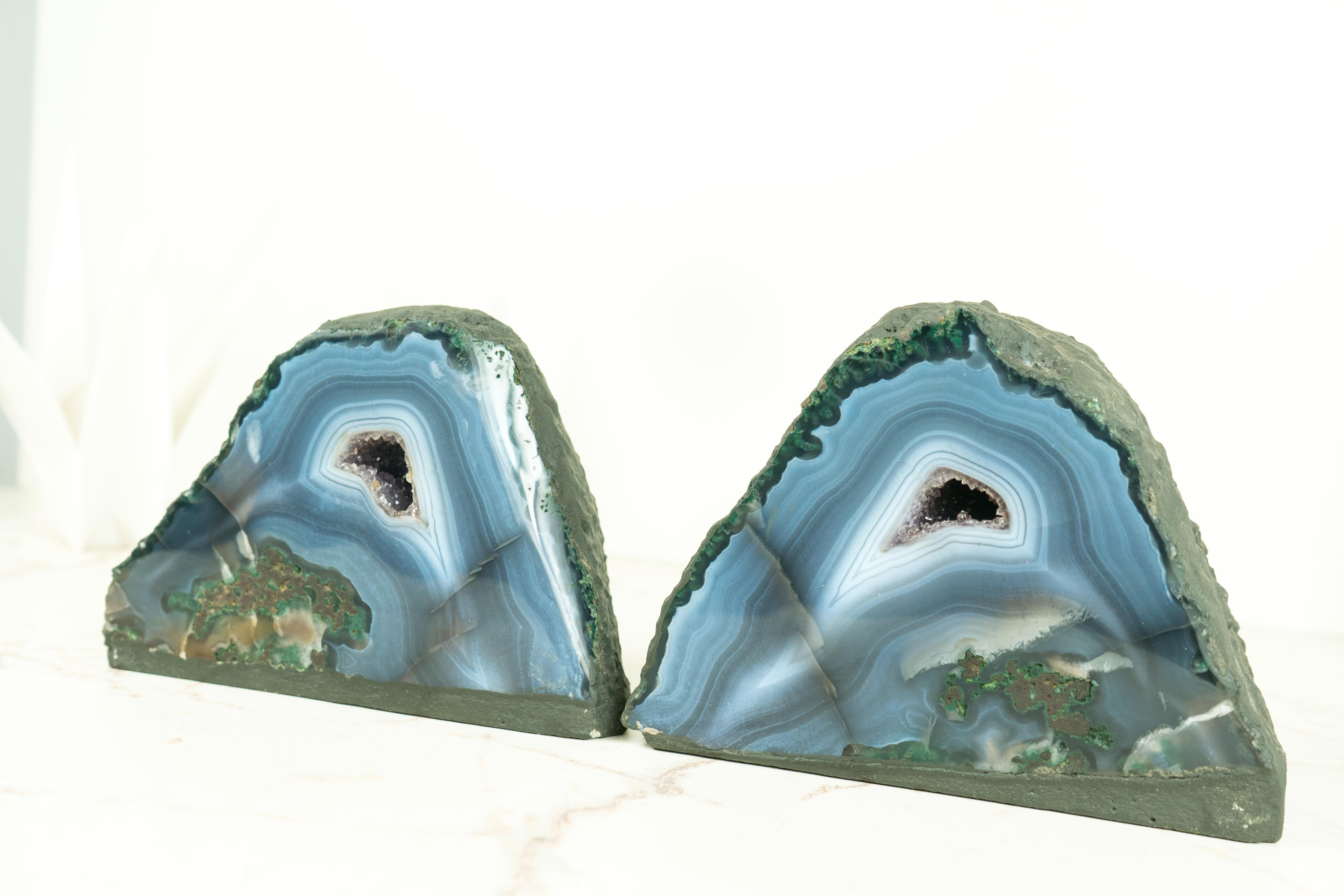 Naturally Aesthetic Pair of Small Blue Agate Geodes with Druzy Crystal Core For Sale 5