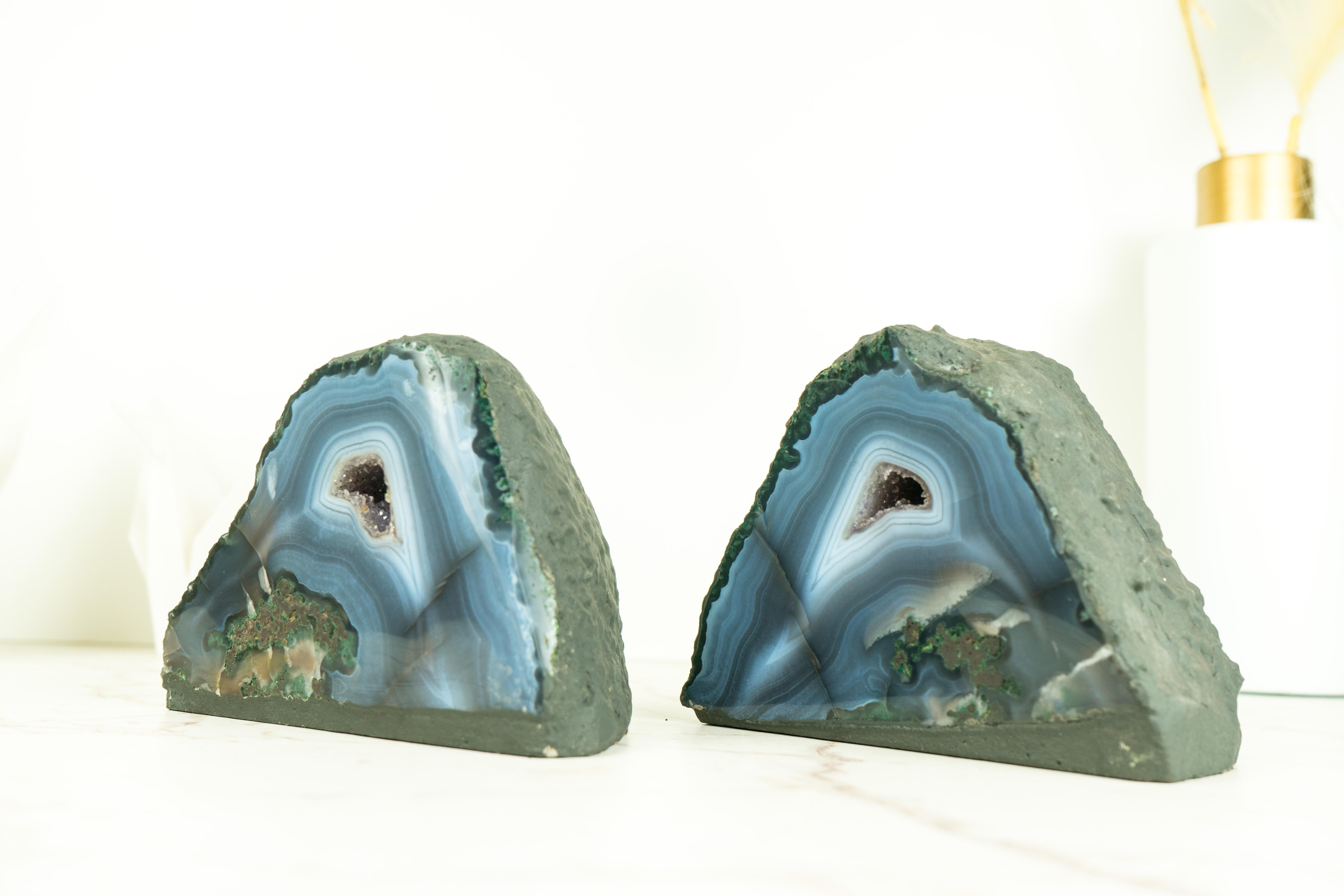 Brazilian Naturally Aesthetic Pair of Small Blue Agate Geodes with Druzy Crystal Core For Sale
