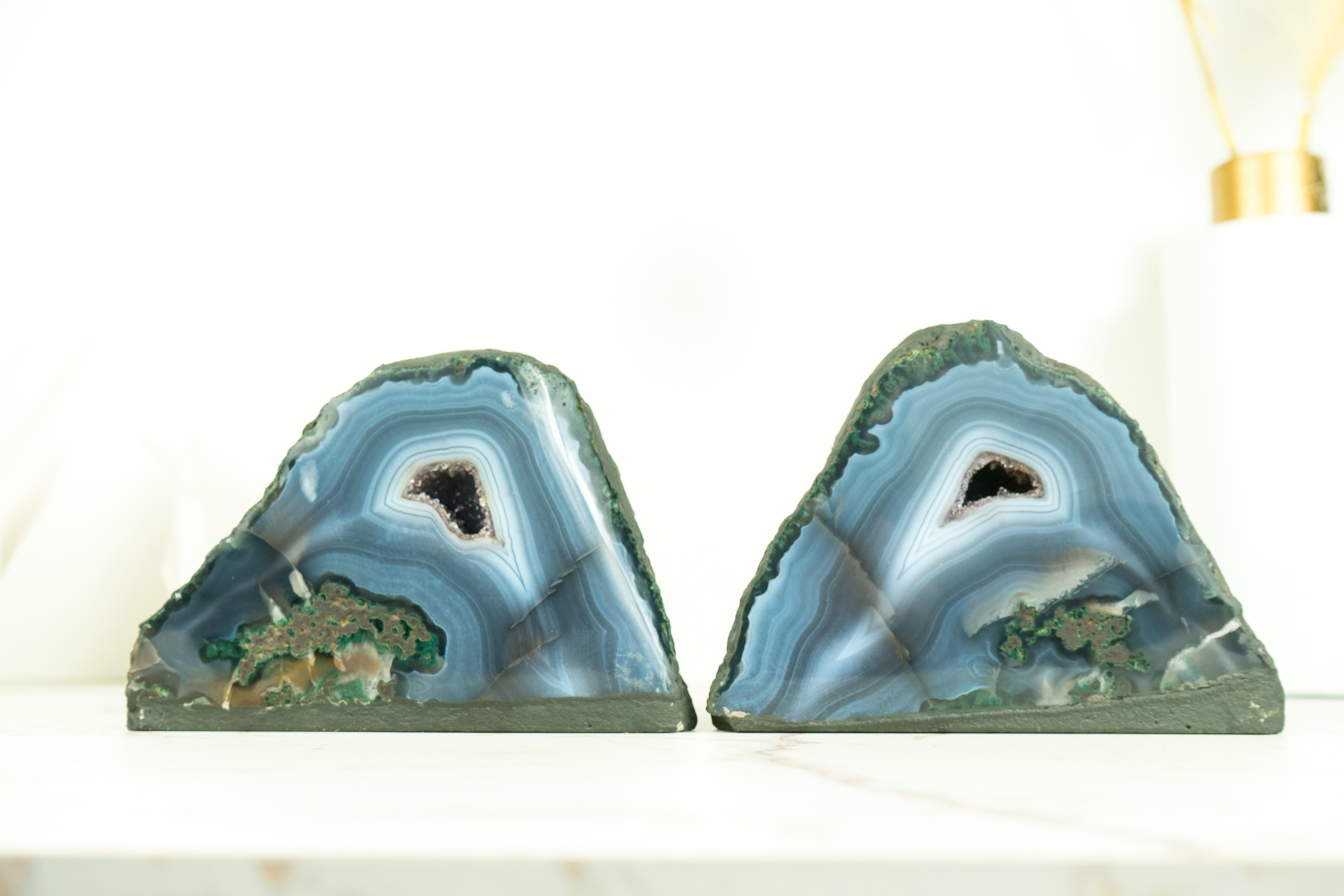 Contemporary Naturally Aesthetic Pair of Small Blue Agate Geodes with Druzy Crystal Core For Sale