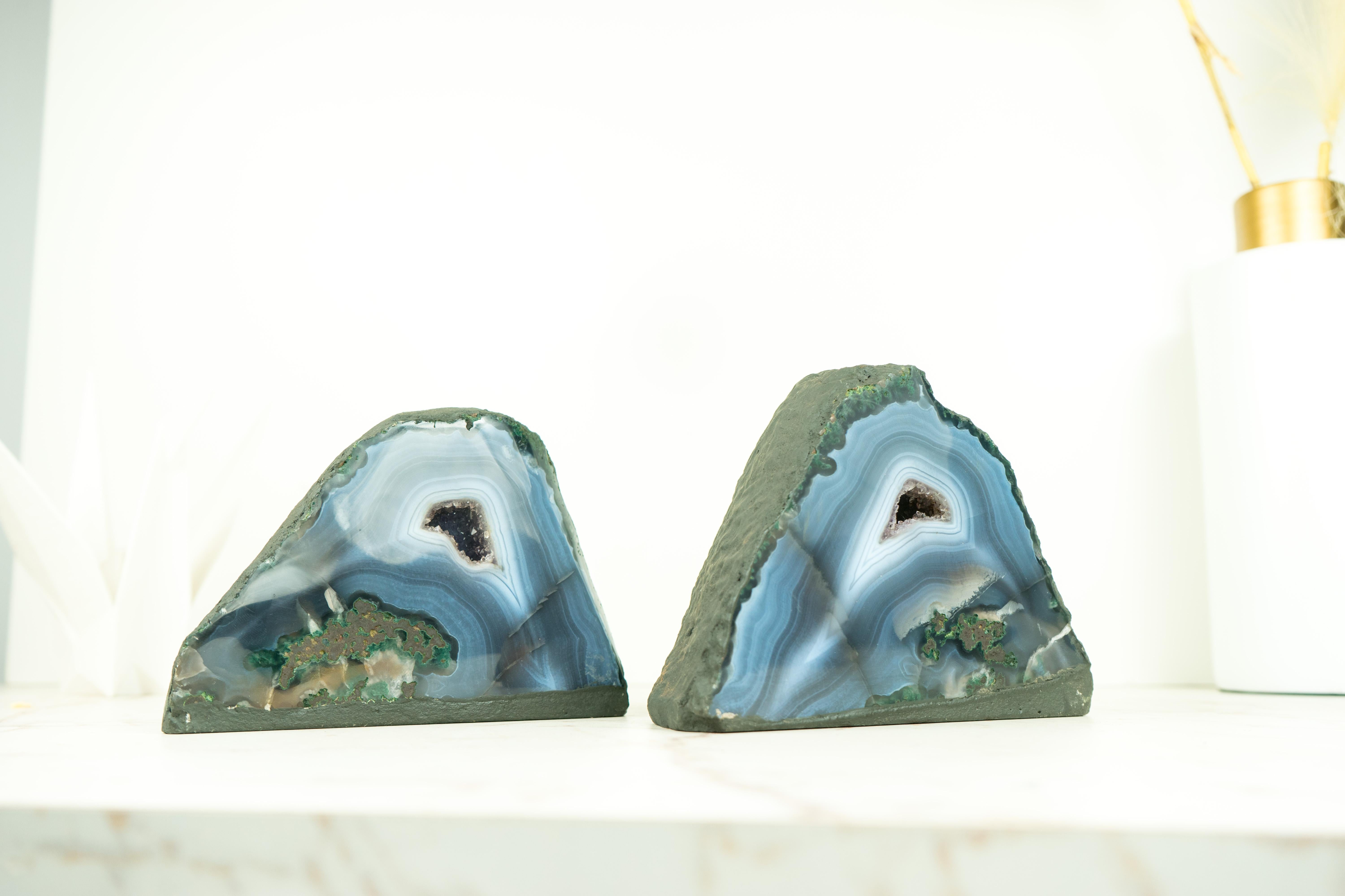 Naturally Aesthetic Pair of Small Blue Agate Geodes with Druzy Crystal Core For Sale 1